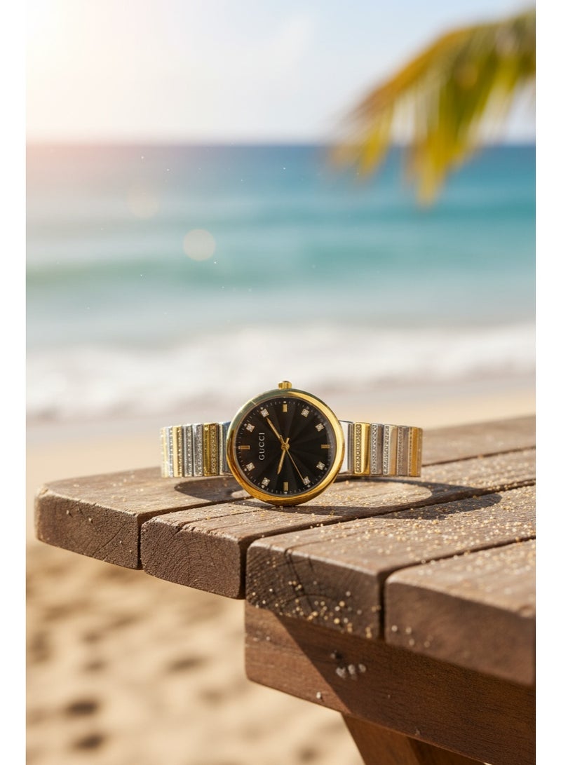 GUCCI Luxury Women’s Analog Wrist Watch – Two-Tone Stainless Steel Bracelet with Black Dial & Crystal Markers - Image 2